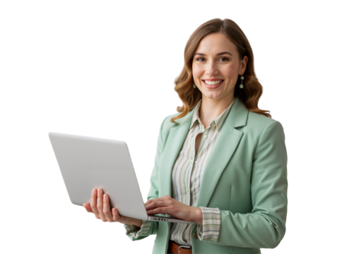 Professional woman with long wavy hair in a green blazer, holding a laptop, exuding confidence and approachability on a transparent backdrop
(PNG).