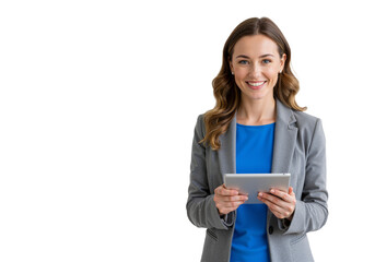 A professional woman in a stylish blue blazer holds a tablet, smiles against a transparent background, and radiates confidence and energy (PNG).
