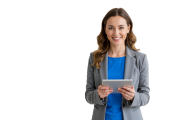 A professional woman in a stylish blue blazer holds a tablet, smiles against a transparent background, and radiates confidence and energy (PNG).