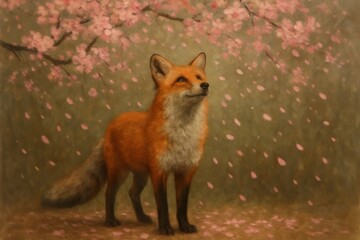 Obraz premium A beautiful red fox stands under a falling cherry blossom tree.