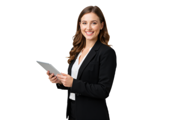 Confident woman in a black blazer and white blouse, holding a tablet, smiling warmly against a transparent background (PNG).