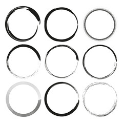 Grunge circle frames. Vector black line. Rough texture border. Distressed oval set.