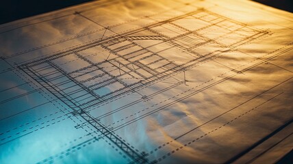 Illustration of overhead view of detailed architectural blueprints illuminated by warm and cool light