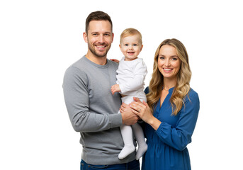 A happy family of three stands together: father in gray, mother in blue, and a calm baby, all smiling against a transparent background.
 (PNG).