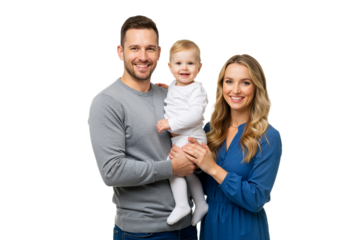 A happy family of three stands together: father in gray, mother in blue, and a calm baby, all smiling against a transparent background.
(PNG).