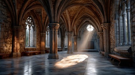 Obraz premium Sunlight illuminating hallway of ancient stone monastery