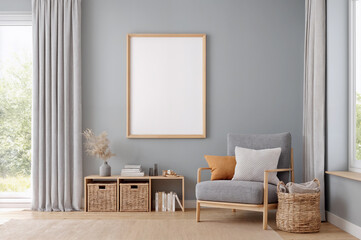 Obraz premium Modern blank frame for wall art mockup in a minimalist Scandinavian living room with gray wall.