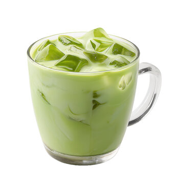 Iced matcha latte in a clear glass mug on transparent background