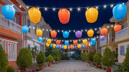 Colorful traditional lanterns adorning a festive street in India during Independence Day celebrations at night