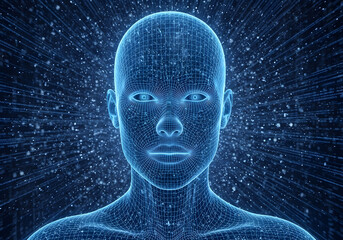 3D wireframe human head with digital data background