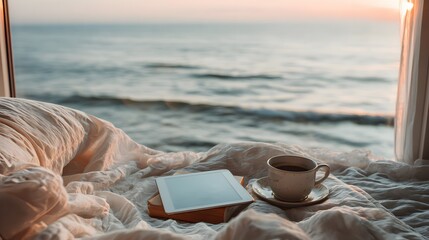 A cup of coffee and a tablet on a bed with a view of the ocean at sunrise.