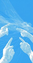 Naklejka premium Many translucent hands pointing upwards in a light blue background with diagonal lines