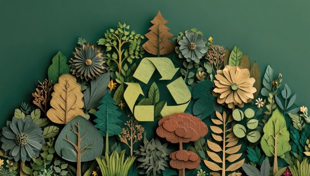 Eco-friendly recycling symbol amidst a forest of paper cutouts.  