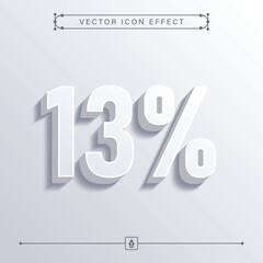 13 Percent 3D White Icon with Clean Smooth Minimalistic Vector Effect, 13% Sign, Thirteen Percent 3D Symbol