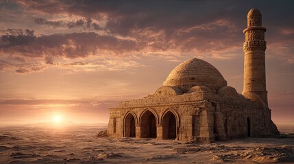 Fototapeta premium Antique mosque in desert landscape at sunset