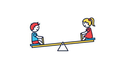 A simple cartoon illustration of a young boy and girl playing together on a seesaw.