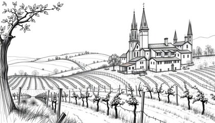Simple pencil sketches of European vineyards, farms, and landscapes Ideal for posters, labels, and apparel, label, design element