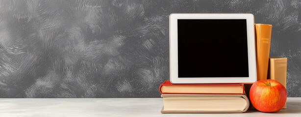 Tablet with blank screen is balanced on stack of books, accompanied by red apple, creating harmonious study scene
