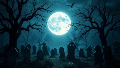 Spooky, dimly lit graveyard with tombstones, gnarled trees, and a full moon,  ominous,  bats