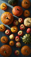 Autumn harvest pumpkins apples gourds seasonal fall thanksgiving halloween still life colorful display food art