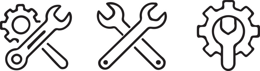 Engineering and Technical Support Icons Featuring Wrenches and Gears for Mechanical Solutions and Machine Maintenance Vector Illustration