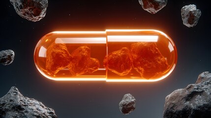 Orange capsule containing space rocks in a dark cosmic environment.