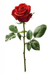 Single vibrant red rose, stem and leaves against white background