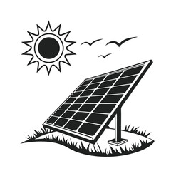 Silhouette of a solar panel with a sun icon. Black vector illustration for renewable energy and green technology concepts.