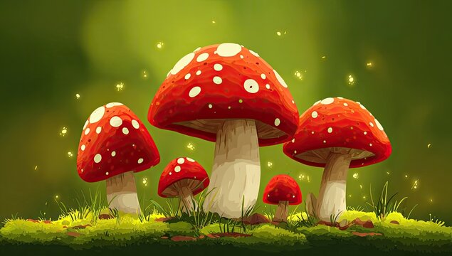 Red toadstools in a mossy glade, glowing softly