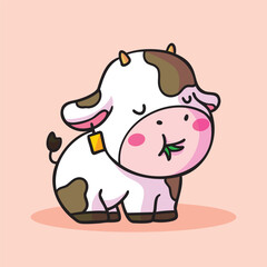 Illustrative depiction of a charming cow character on a salmon backdrop offering a soothing and