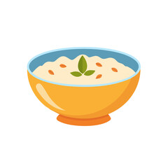 A delightful bowl of creamy, healthy oatmeal, garnished with a fresh leaf in a vibrant bowl