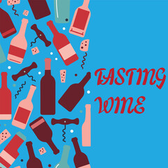 Wine abstract minimal flat design. Glass of red and white sparkling wine, champagne. Wine bottles. Restaurant menu, invitation for an event, festival, party.