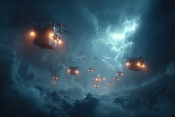 A group of helicopters flying through a cloudy sky, showcasing a busy aerial scene with multiple aircraft in motion.