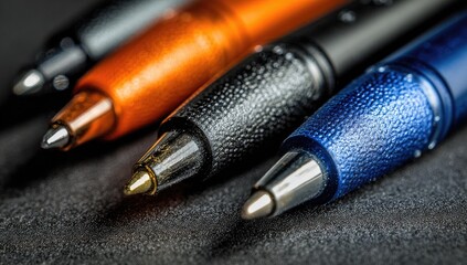 Close-up of four ballpoint pens, various colors, on dark surface