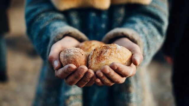 Generous Offering of Bread: A person holds a loaf of freshly baked bread, embodying the simple act of sharing, charity and the spirit of compassion in a close-up shot.