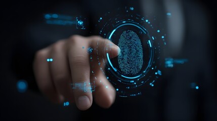 Fingertip interacting with holographic fingerprint interface.