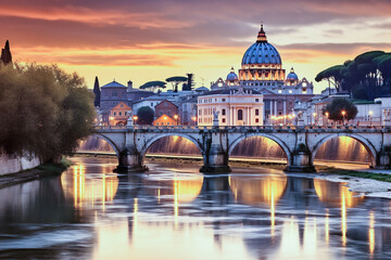 Fototapeta premium St Peters Basilica dome bridge sunset river image