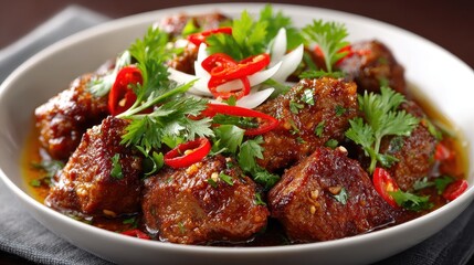 Fototapeta premium Delicious Asian Style Meatballs with Chili and Cilantro in White Bowl