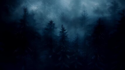 A dark, atmospheric forest scene with a misty atmosphere. The style is reminiscent of digital art, with a focus on mood and atmosphere over detailed realism.