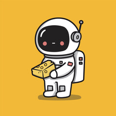 Cute Cartoon Illustration of an Astronaut Grasping a Moon Made of Cheese with a Playful and Whimsical Design