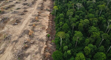 Aerial view showing deforestation's impact, contrasting cleared land with lush, untouched forest.