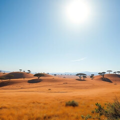 Golden savanna hills stretch beneath clear sky, dotted with acacia trees and dry grass, radiating warmth, openness, and natural bliss.