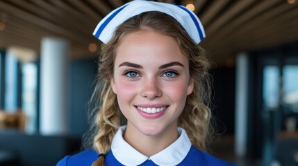 Professional portrait of a young woman with light blonde curls and blue eyes wearing a blue uniform and white cap