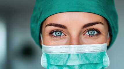 Close-up portrait of a female medical professional with blue eyes and green surgical cap