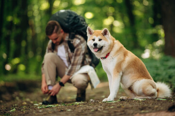 Ties shoelaces. Man tourist is with his dog in the forest