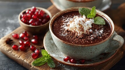 Delicious Hot Chocolate with Whipped Cream, Mint, and Pomegranate Seeds
