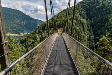 Obraz premium Lange Hängebrücke über Waldschlucht in den Südtiroler Alpen