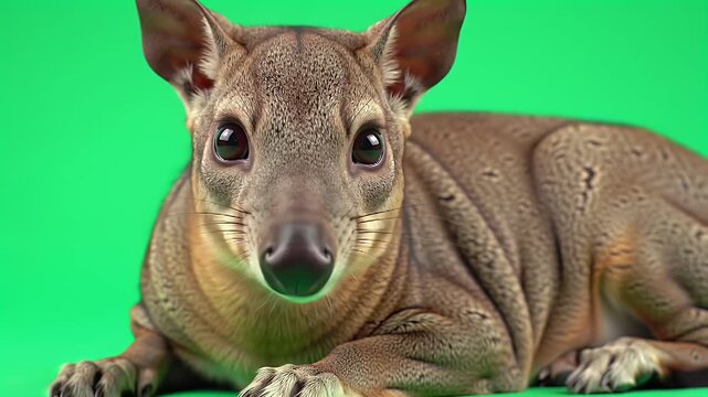 Adorable Small Marsupial with Big Eyes Lying on Green Screen Background, Studio Shot for Easy Compositing