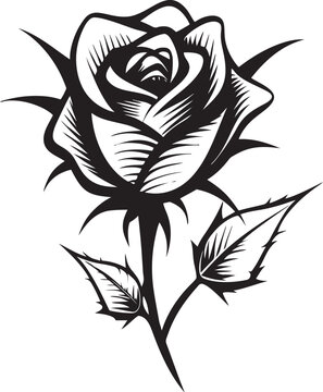 Monochrome rose flower with thorns and leaves, a classic black and white floral vector illustration. Elegant tattoo style graphic design element isolated on a white background. 29 Fl.eps