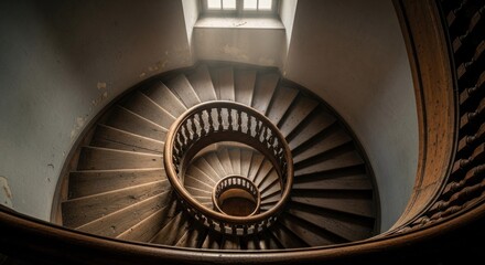 Spiral wooden staircase, light from window